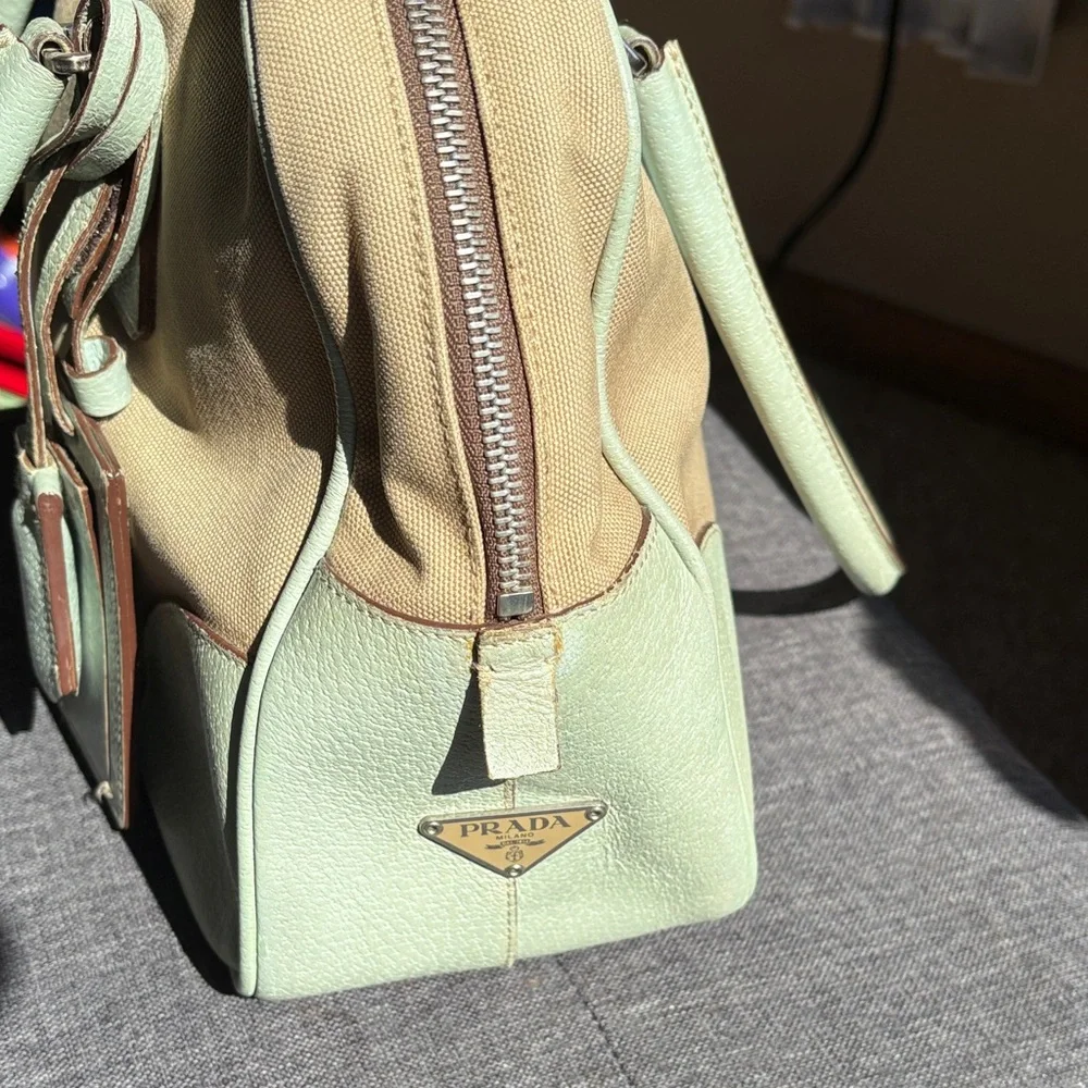 Prada Tan Canvas Shoulder Bag with Sage Green Trim